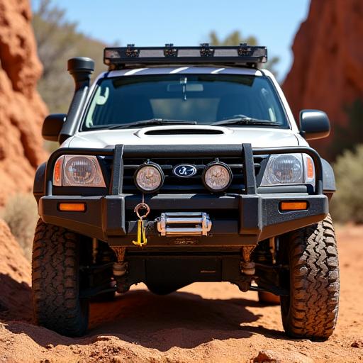 A 4x4 vehicle equipped with bull bars and a winch